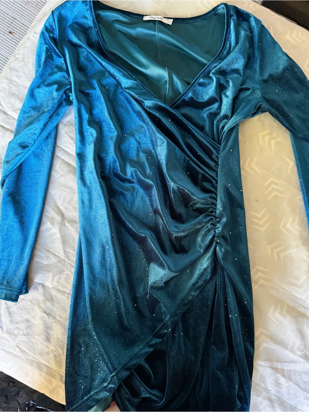 Teal Sparkle Wrap-Style Velvet Dress